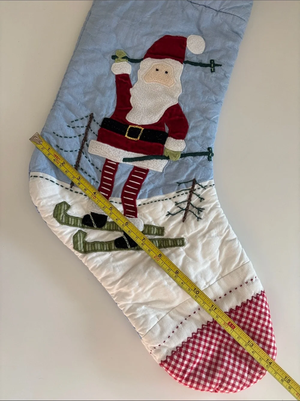 Pottery Barn “Rachel” Embroidered Santa Ski Holiday Stocking - Light Blue & Red